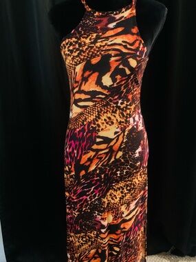 Bold Animal-Print Halter Maxi Dress in Orange and Pink